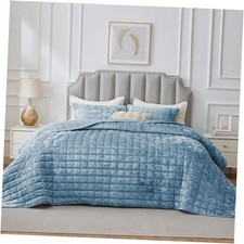 Velvet Quilt Set Queen Size - Lightweight Full/Queen 88"x92" Dusty Blue