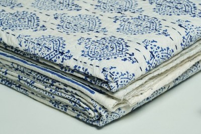 Boho Blue White Kantha QuiltCotton Block Print Boho Bedspread Throw Blanket