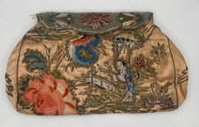 Antique 1920s Chinese Forbidden Stitch Silk Purse Beaded Enamel Clasp Clutch