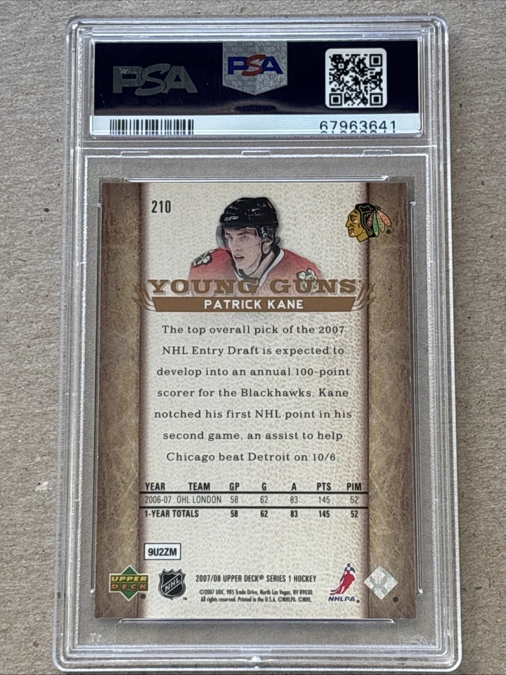 2007 Upper Deck YOUNG GUNS 210 Patrick Kane Rookie RC PSA 9 MINT Chicago Detroit - Image 2 of 2