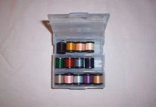 13 Vintage Mini Spools Sewing Thread Marbleized Blue Plastic Case