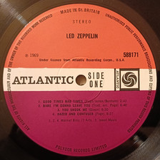 Led Zeppelin LP 1 Same UK Atlantic Plum Press Version 6 INCREDIBLE AUDIO & COVER