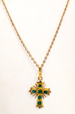 18K Gold Cross with Emeralds & 18" Chain