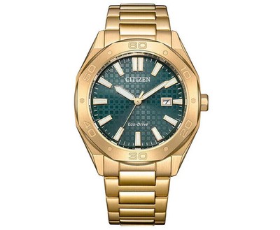 Citizen Men's Octangle Eco-Drive Green Dial Gold Tone Watch - BM7633-81X NEW