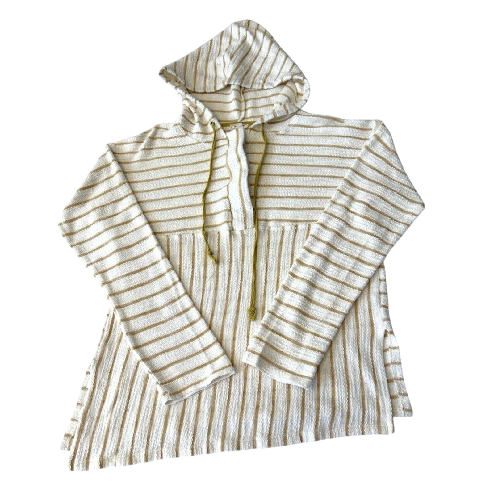 HEM & THREAD Women’s Pullover Hooded Top Size L Striped Cream/Yellow Lightweight