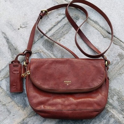 Fossil Preston Genuine Goat Hide Leather Crossbody Flap Purse Brown Expandable