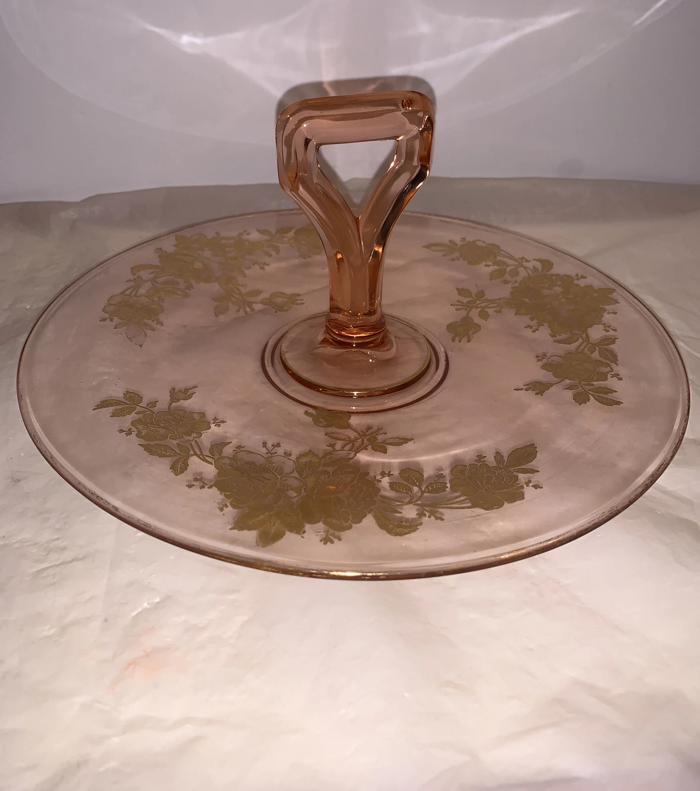 Pink depression glass center handle sandwich/tidbit Dish With Gold Flowers D