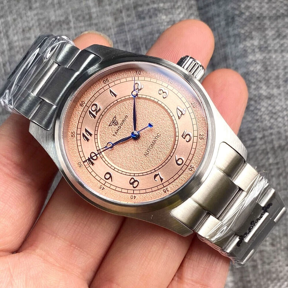 Relojes piloto Tandorio rosa mate números árabes 39 mm cristal de zafiro NH35 para hombre Foto 3 de 4