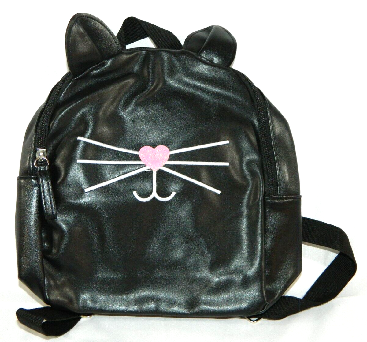 black leather cat backpack Cat Faux Leather 10” Black Mini Backpack Cat Ears Whiskers Overnight Travel  Bag
