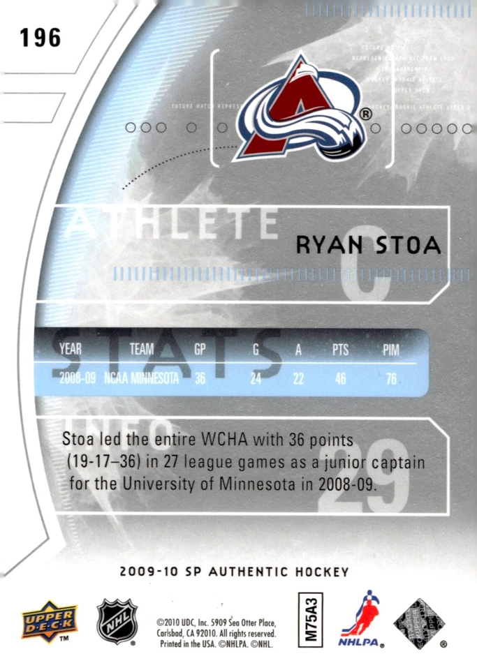 Ryan Stoa - Signed 2009-10 SP Authentic Future Watch 581/999 Rookie Card #196 - Image 2 of 2