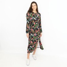 Oasis Womens Dress Jersey Floral Printed Split Midi Black Occasion Long Sleeves
