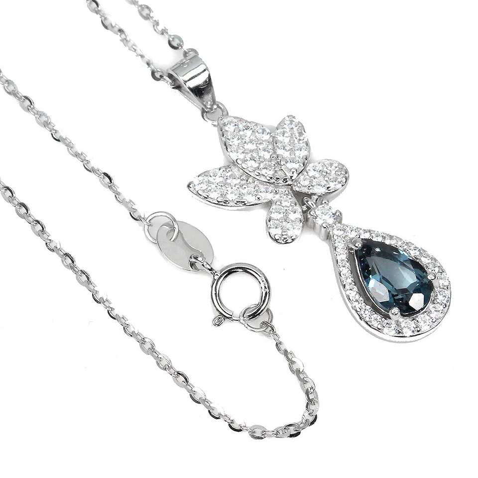 Collar de plata de ley 925 pera topacio azul Londres 8x5 mm joyas de piedras preciosas 18 pulgadas Foto 2 de 4