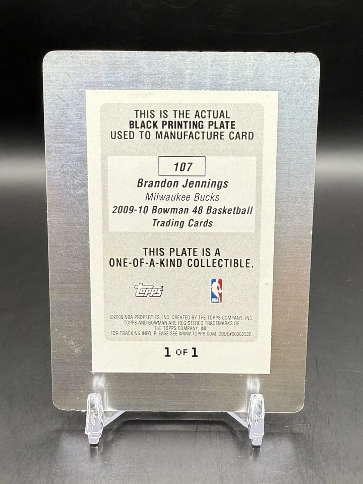 2009-10 Bowman Brandon Jennings # 1/1 RC Printing Plate Black Rookie #107 '48 - Image 2 of 2