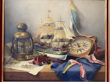 🔥 Fine Antique Old French Realism Nautical Still Life Oil Painting, Chailloux