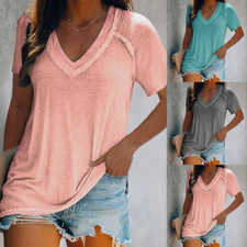 Womens Summer V Neck T Shirt Ladies Short Sleeve Casual Loose Blouse Tee Tops