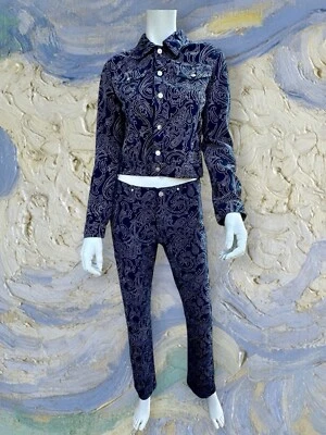 VERSACE JEANS Blue Paisley Glitter Pant Suit Jacket Crystal Matching Set IT 42 S - Photo 1/4