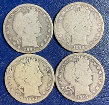 Set Lot 4 FOUR Barber Half Dollars 1897-P 1899-P 1903-O 1910-S silver Coins B358