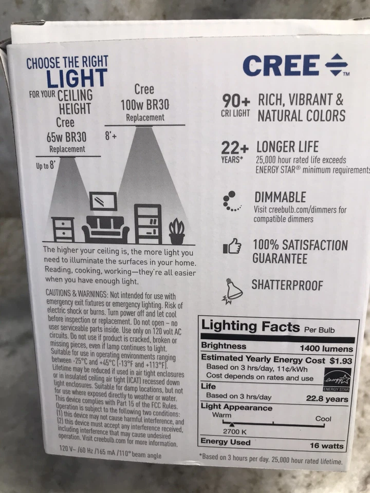 Cree 100W Equivalent Daylight (5000)BR30 Dimmable Light Quality LED Light bulb- - Image 4 of 4