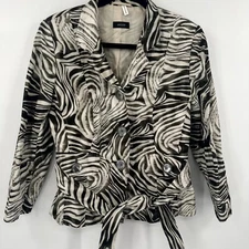 Basler Blazer Jacket Women's 38 Multi Animal Print Waist Tie Collar Button Front