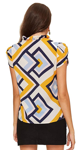 ROMWE Women's Chiffon Petal Short Sleeve Bow Tie Blouse/Top Sz L Geometric Print - Picture 3 of 6