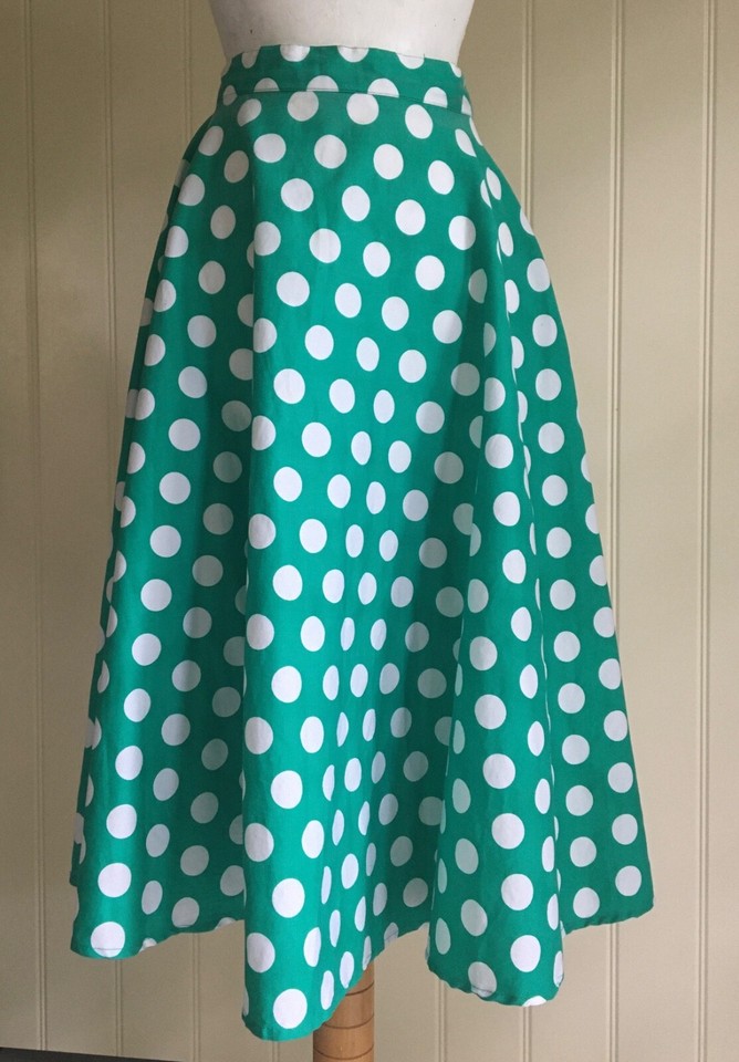 SKIRT Circle Cotton Teal Green White Polka Dot Spots Knee length Sz XL 50s style