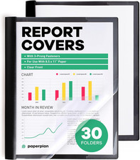 Report Covers - 30 Set , 8.5 X 11 Letter Size, 3-Prong Fasteners, Clear Front P