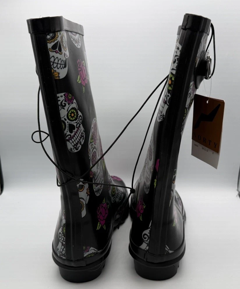 Women’s Black Rubber Boots With Sugar Skulls Size 9 Brand 100 % Rubber  New