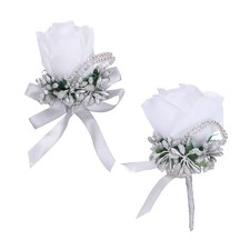 Wrist Corsage and Boutonnieres Set Handmade Corsages for Wedding, White/Silver
