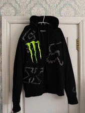 Fox Racing x Monster Energy Hoodie XL Faux Fur Lined Zip Up Rare Black