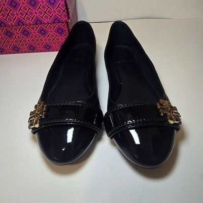 Tory Burch Eloise Ballet Flats Size 7 Black Leather Patent Gold Logo w Box