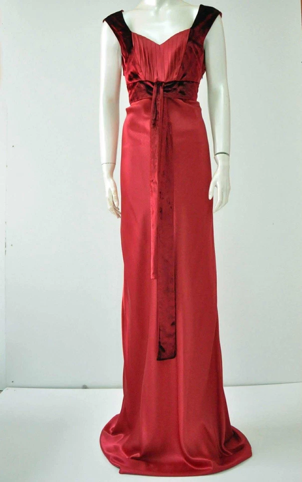 Vestido de noche Luca Luca rojo mezcla seda ribete terciopelo hecho en Italia Foto 2 de 4