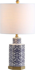 23.5" Blue/White Traditional Ginger Jar Ceramic LED Table Lamp, Hexagonal Damask