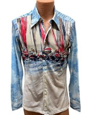 Mens M Vtg 70s GINO PAOLI Nylon KNIT Disco Shirt Dagger Collar Italian ART Boats
