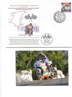 Isle of Man 2011 TT themed Philatelic convention cover & JohnMcGuinnessPostcard