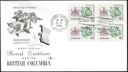 🍁Canada  #423 Block    "BC.  FLORAL EMBLEM"    Fine Used  1965  First Day Cover