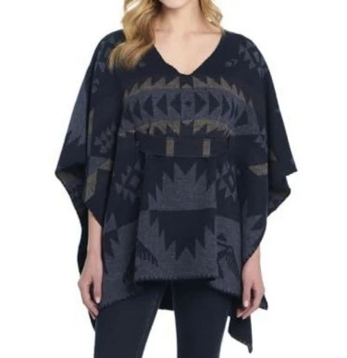 Cripple Creek Women's Tie Back Navajo Blanket Poncho Blue Herron CR18849