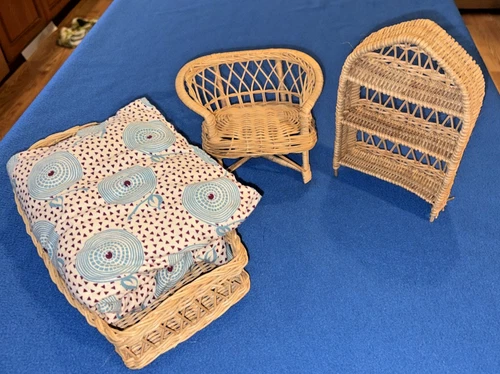 Wicker Rattan Doll House Barbie Furniture Chair, Shelf, Bed & Mattress Vintage