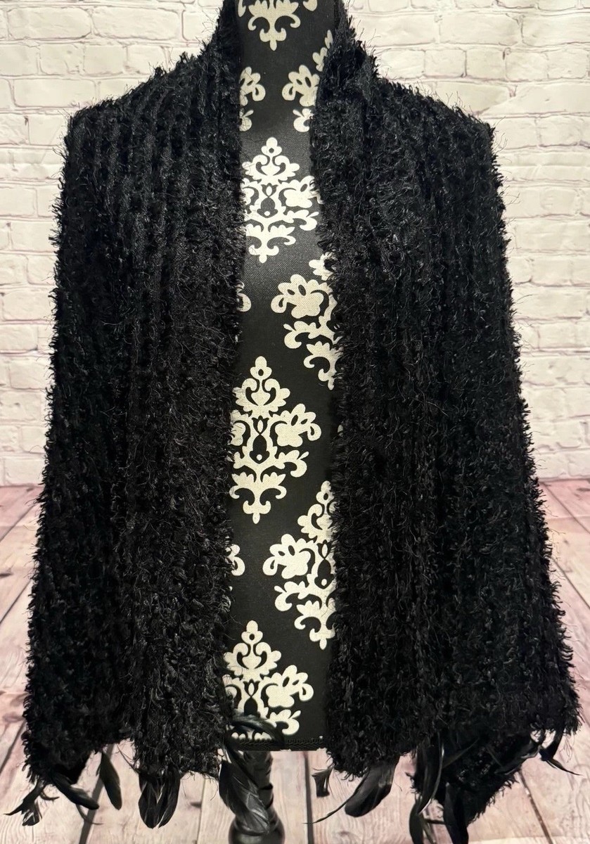 Jill Main Black Eyelashed Knit Feathers Fringe Rectangular Shawl