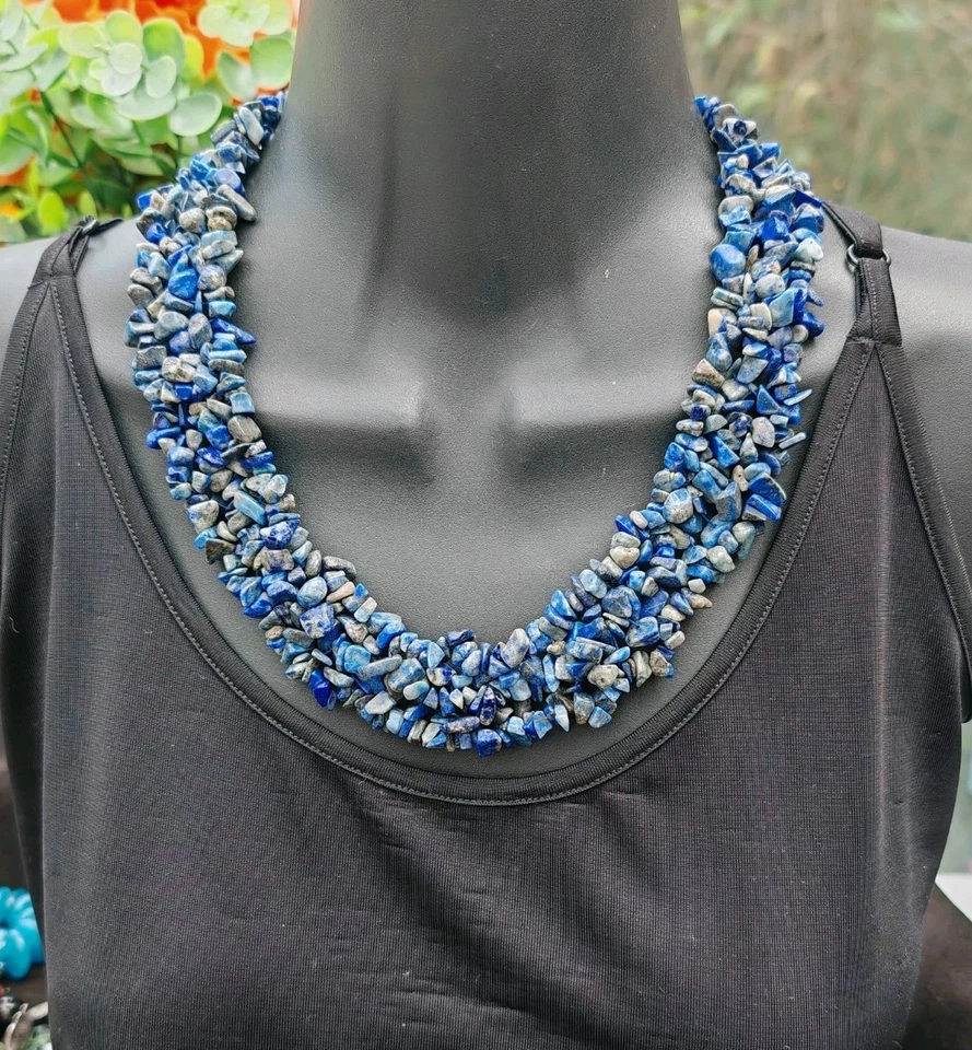 Demin Lapislázuli Tejido Collar Cuentas Piedras Preciosas Collar Plata de Ley 925 Foto 4 de 4