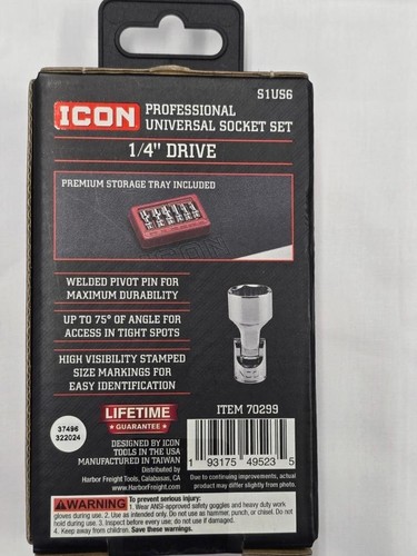 Icon S1US6 1/4" Drive SAE Professional Universal Joint Shallow Socket Set, 6-Pcs - Picture 2 of 2