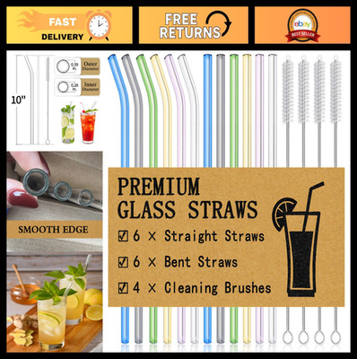 16-Pack Reusable Glass Straws Set - 6 Straight & 6 Bent, 10''x10MM + 4 Cleaners