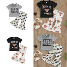 Summer Kids Girl Short Sleeve Tops Flared Pants Printed Elastic Waist Set