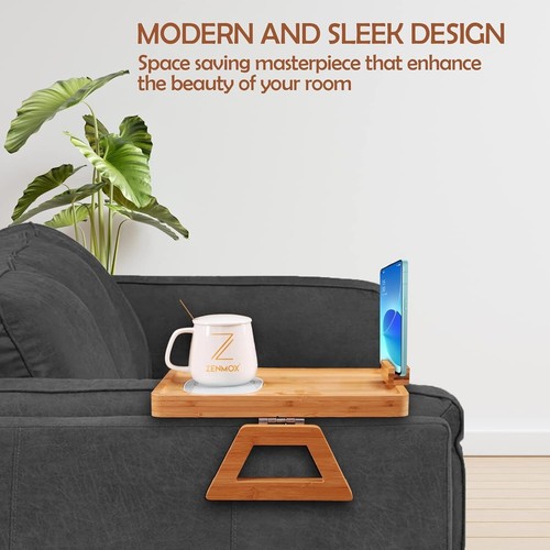 Bamboo Clip On Couch Tray-Built-in Mug Warmer-Mug Set-360° Rotating Phone Holder - Picture 8 of 8