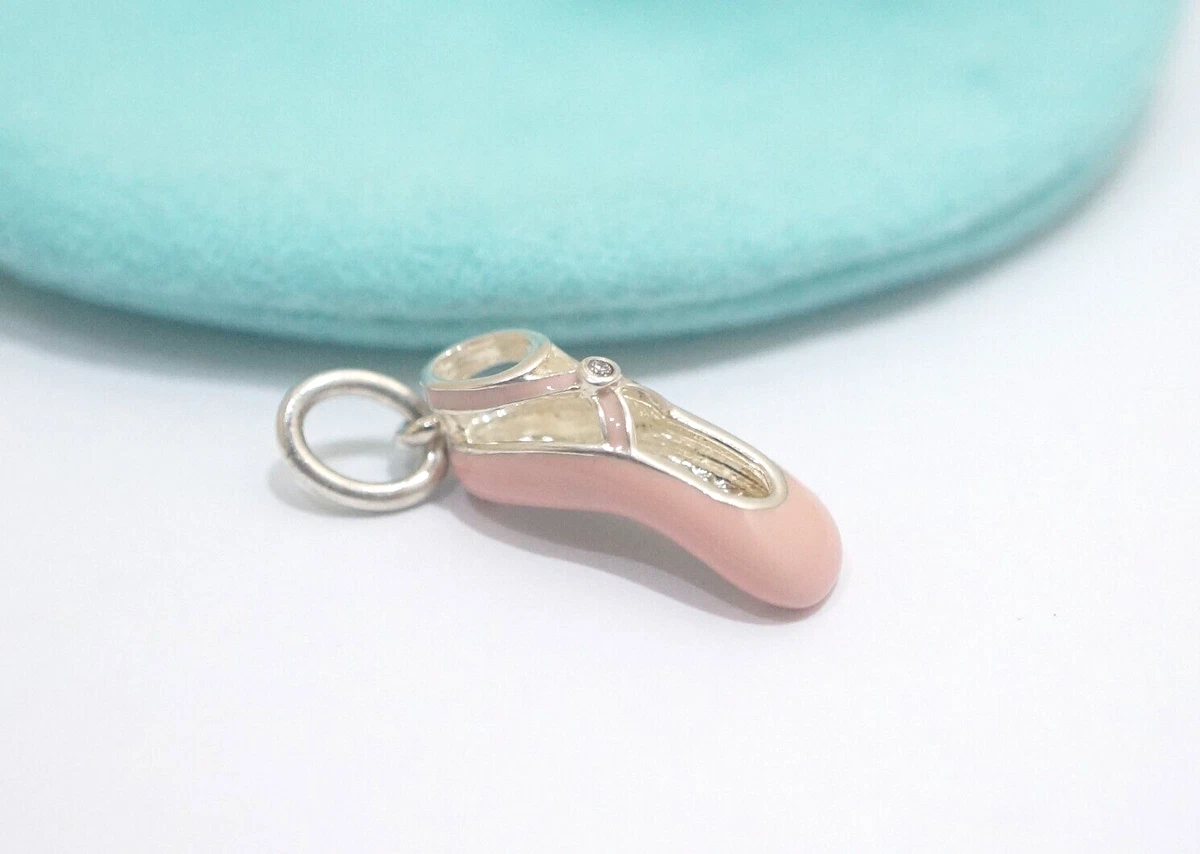Rare Tiffany Co. Silver Pink Enamel Diamond Ballet Shoe Charm Pendant