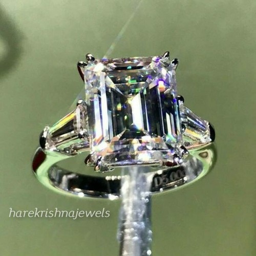 3CT Emerald Cut Diamond Lab-Created 3 Stone Engagement Ring 14K White Gold Over - Picture 6 of 7