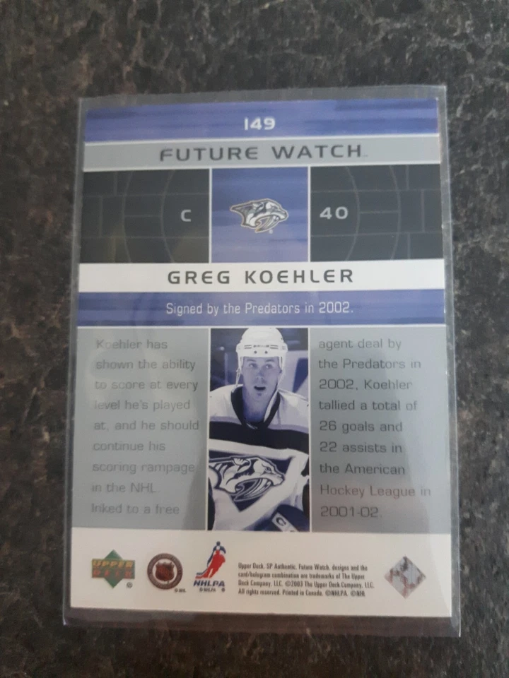 2002-03 Sp Authentic Future Watch Greg Koehler 641/900 Rookie RC Card# 149 - Image 2 of 2