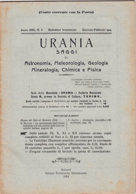 Urania, rivista, 1924, anno XIII n. 1, astronomia, mineralogia, chimica, fisica