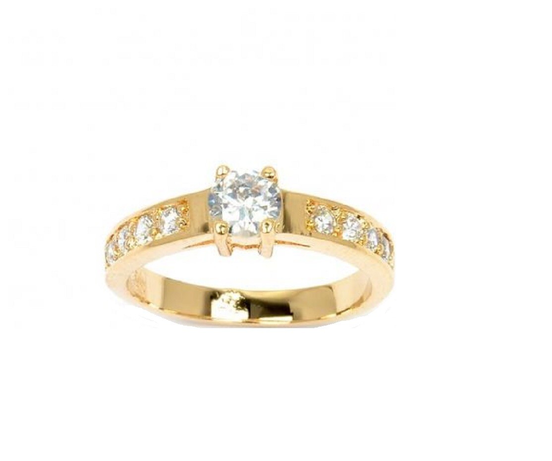 Bague plaqué or 750 poinçonné avec solitaire et pavage de diamants CZ T52