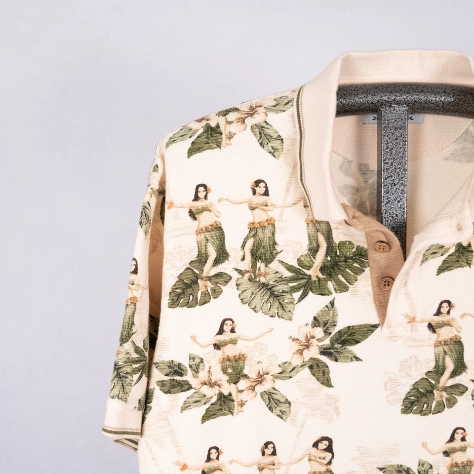 Men's Hawaiian Tropical Hula Dancer Polo Shirt LARGE Cotton Luau Beach Vacation - Image 3 of 4