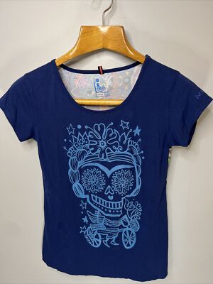 Women T-shirt Blue iAy Güey! Size L- Skull & Psychedelic Colorful Animals.